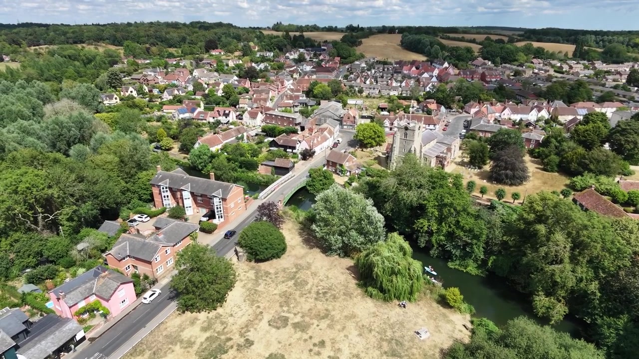 Bures Village Suffolk England Panning drone aerial