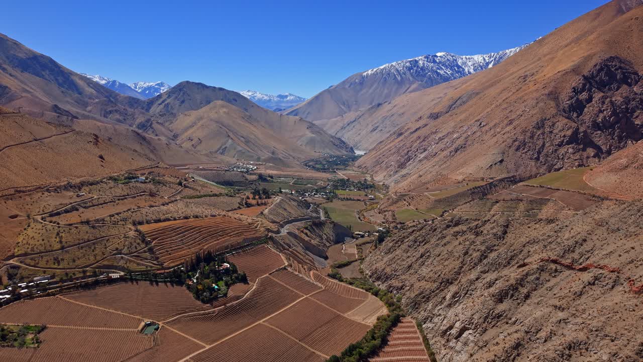 Bird’s-eye view of Valle del Elqui with Pisco Elqui vineyards stretching across the valley