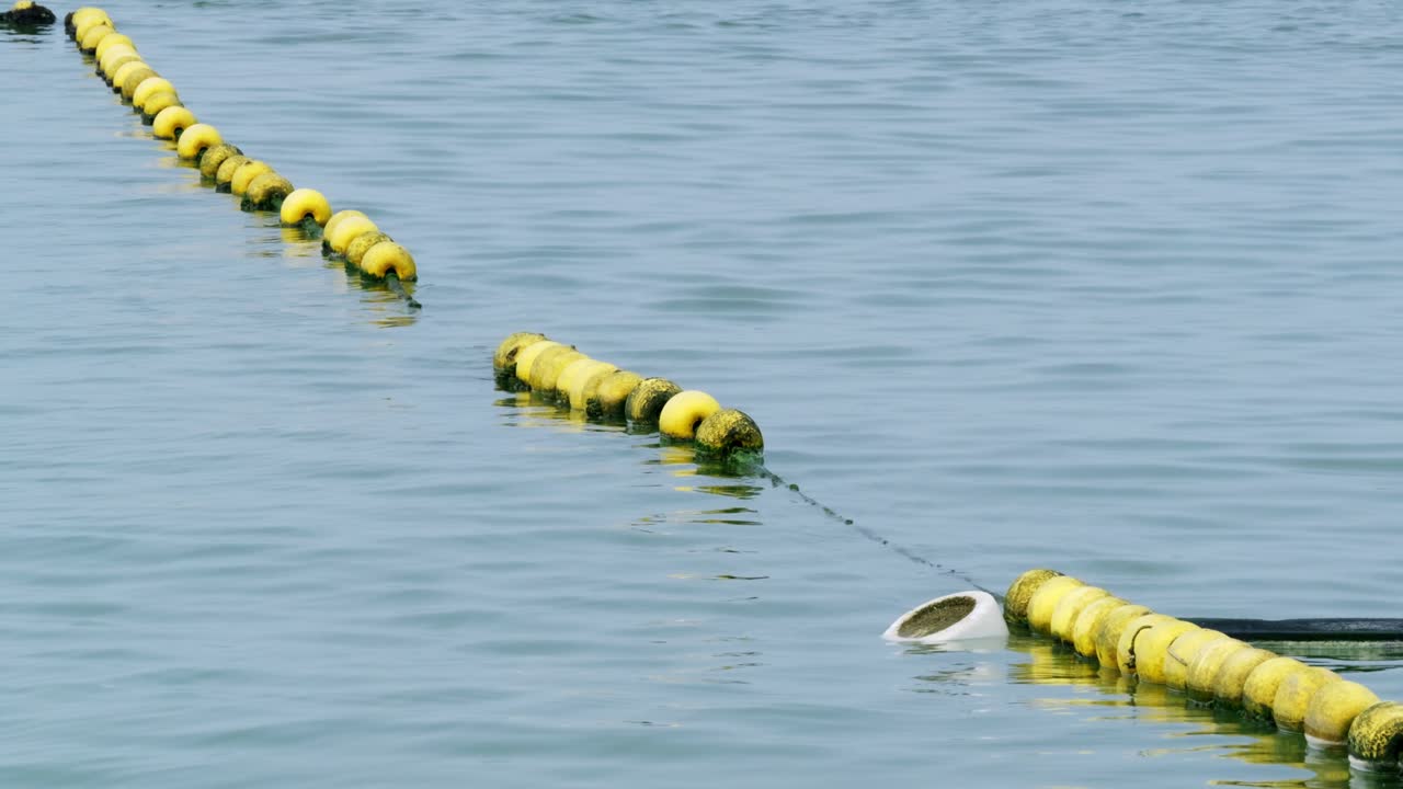 A serene image of floating buoys creating a line in calm water showcasing nature's tranquility in a coastal area.