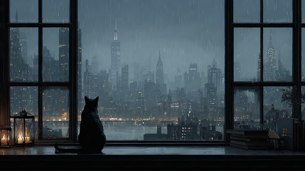 Un gato solitario contempla el horizonte de una ciudad empapada por la lluvia, capturando un momento de tranquilidad en medio del ajetreo urbano y el ambiente atmosférico de una noche lluviosa.