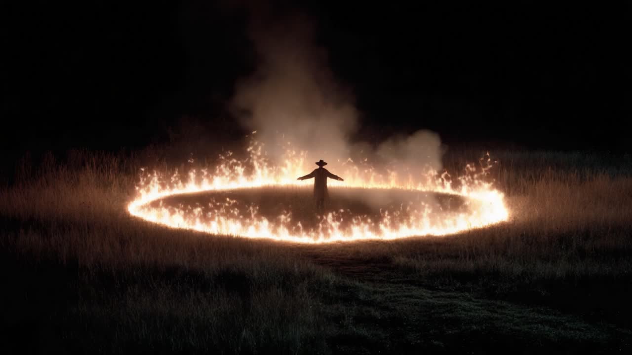 A Mysterious Figure Stands Within a Fiery Circle in a Dark Field, Illuminating the Surroundings with Dancing Flames and Eerie Smoke in a Captivating Scene