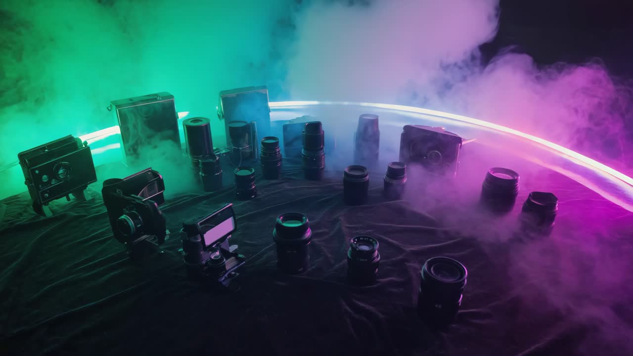 A collection of vintage cameras and lenses in a smoky neon setting