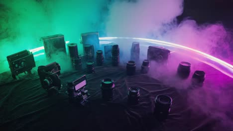 a collection of vintage cameras and lenses in a smoky neon setting