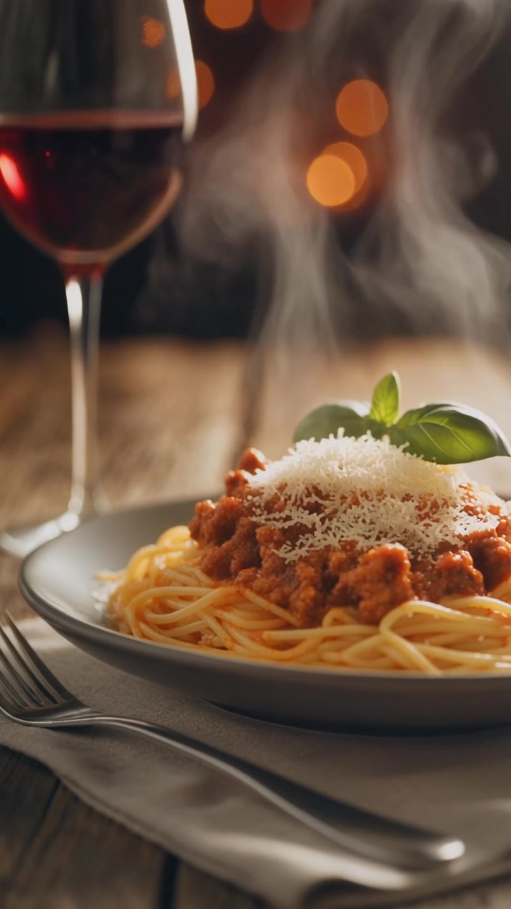 Piatto fumante di spaghetti alla bolognese con vino rosso