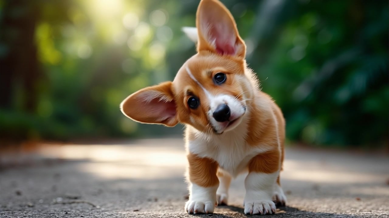 Lindo cachorro de corgi inclinando la cabeza con curiosidad en un sendero al aire libre