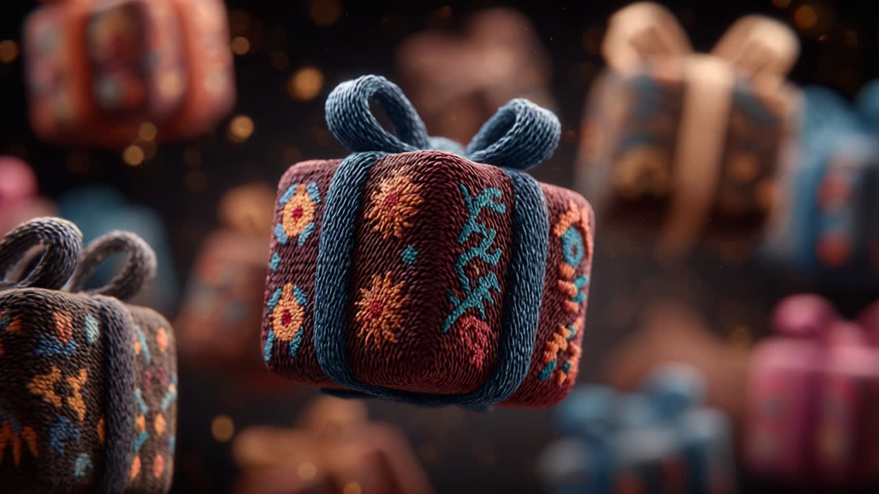 A Captivating Display of Beautifully Wrapped Gifts Featuring Intricate Patterns and Colors, Set against a Magical Background of Floating Presents and Sparkling Lights