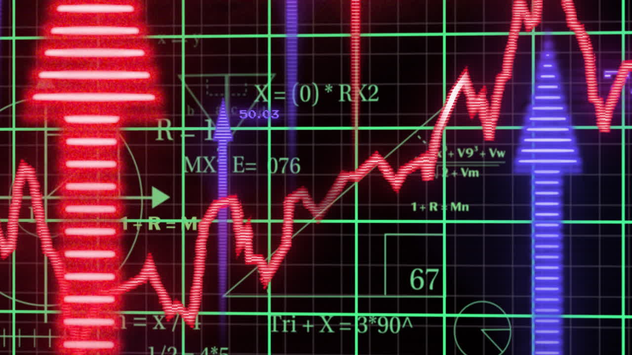 ecuaciones matemáticas y gráficos animación sobre líneas rojas y azules fluctuantes