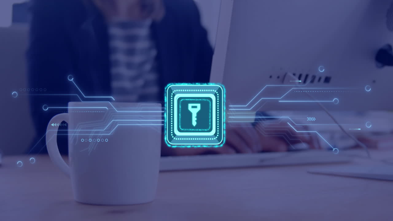 Animation of key icon and data processing over caucasian businesswoman using computer in office