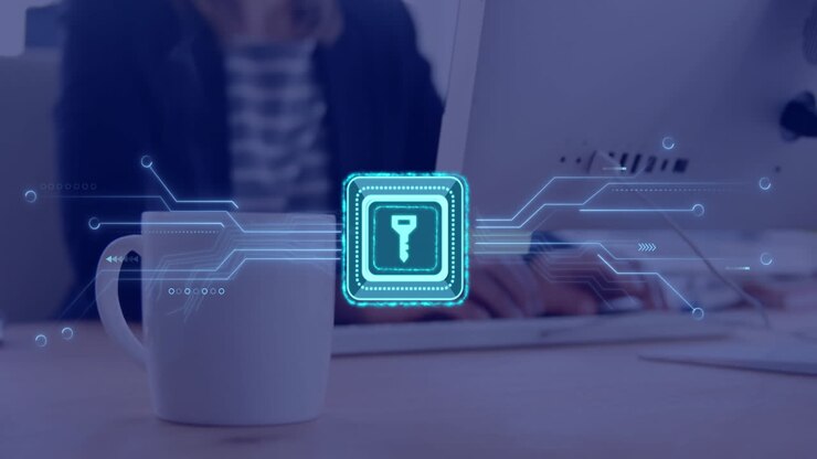 Animation of key icon and data processing over caucasian businesswoman using computer in office