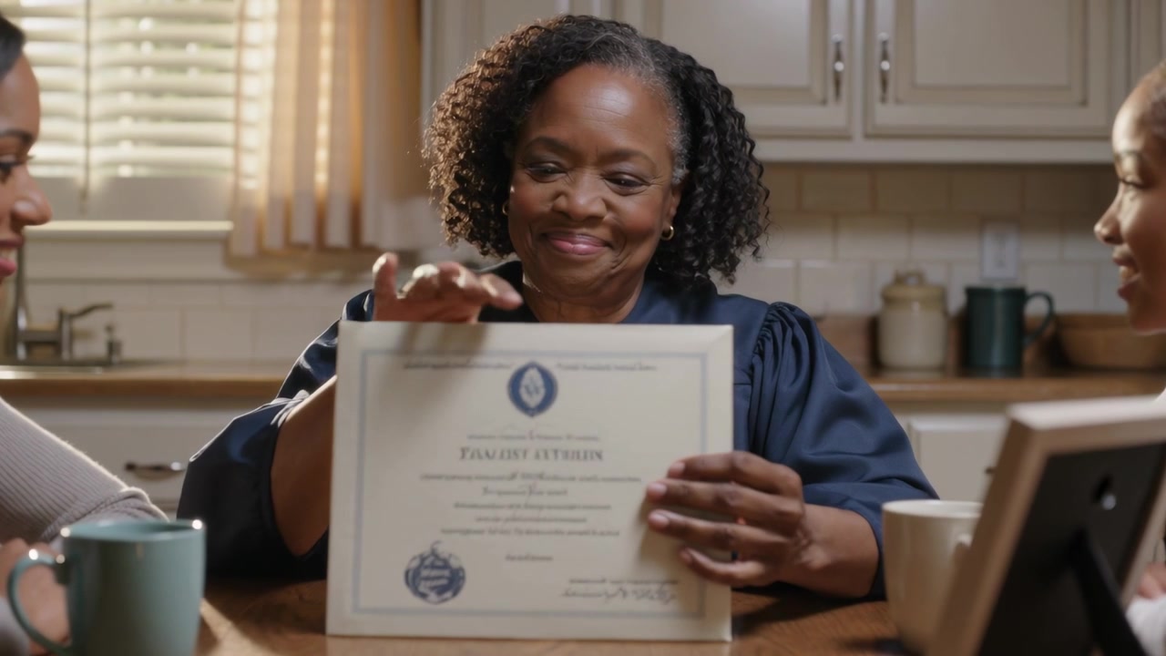 Lifting framed certificate woman in judge robe turning flipping down marking achievement in kitchen