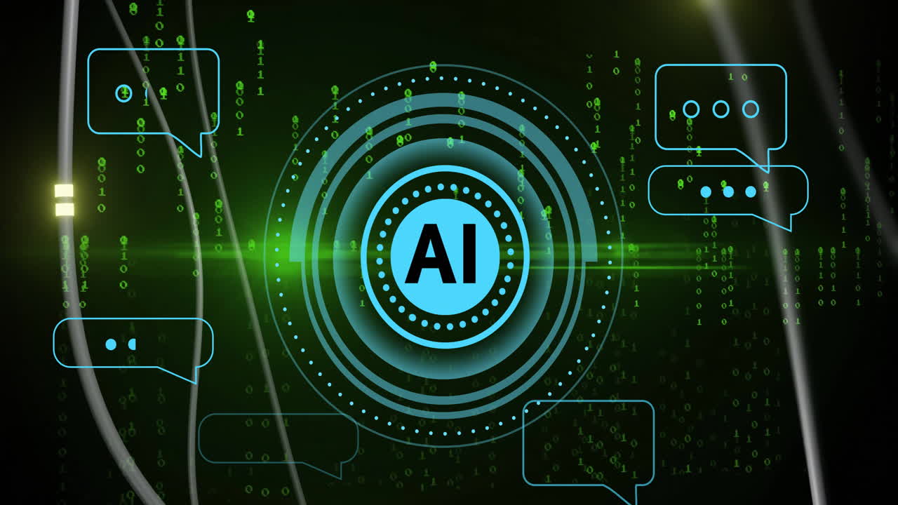 burbujas de texto y animación de código binario sobre fondo digital verde