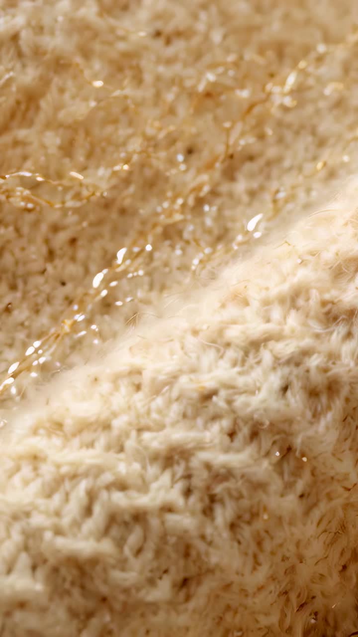 Vertical video: Panning camera revealing cream knit on table to show texture and gold threads