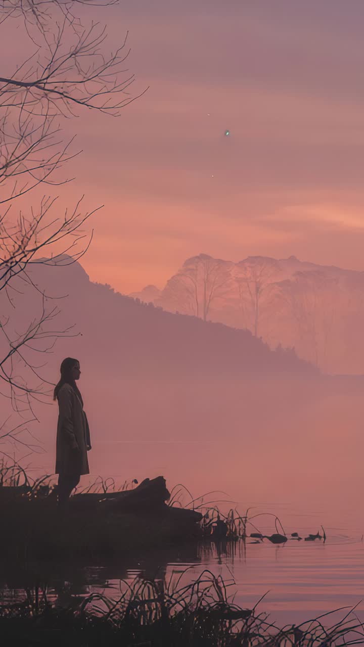 Vertical video: Watching dawn, woman in coat standing on log at lake shore with mist, copy space