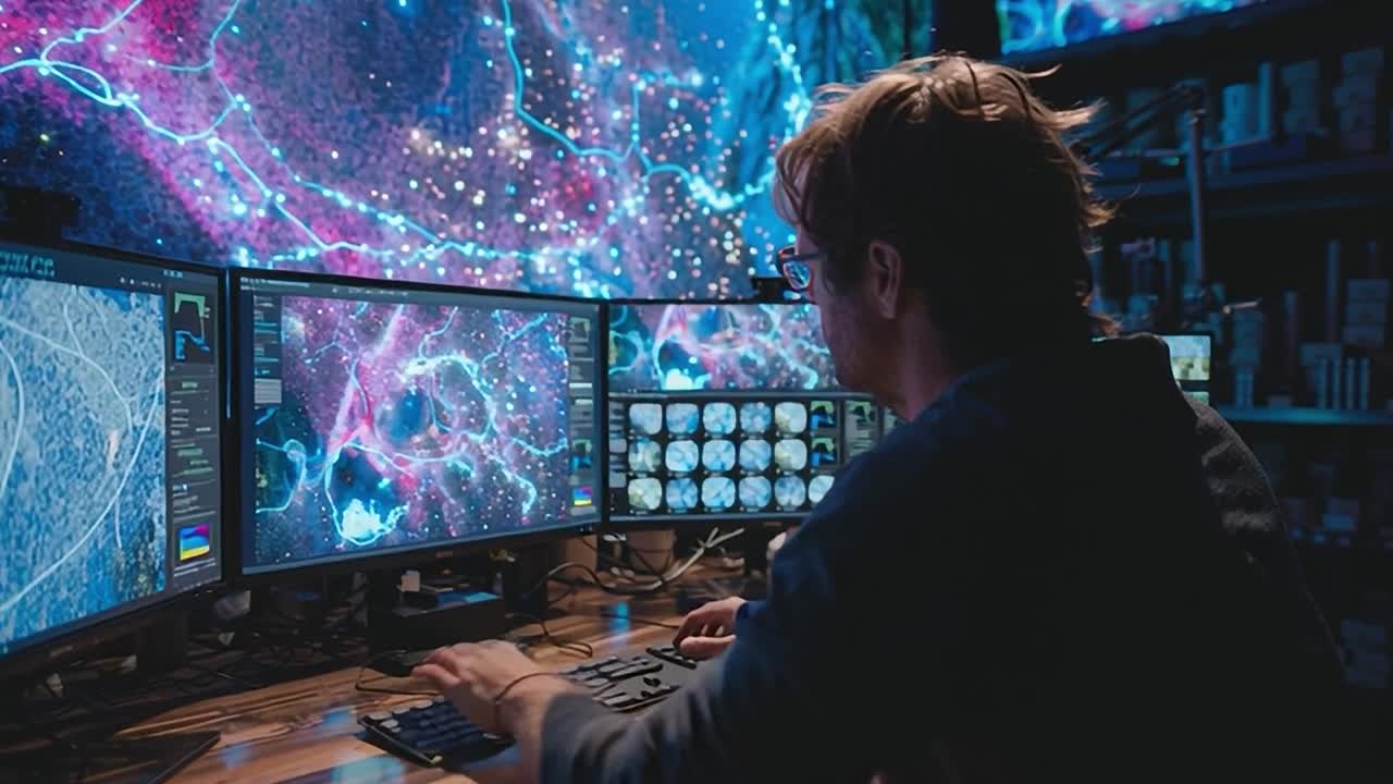 Advanced data analysis in a high-tech control room during nighttime