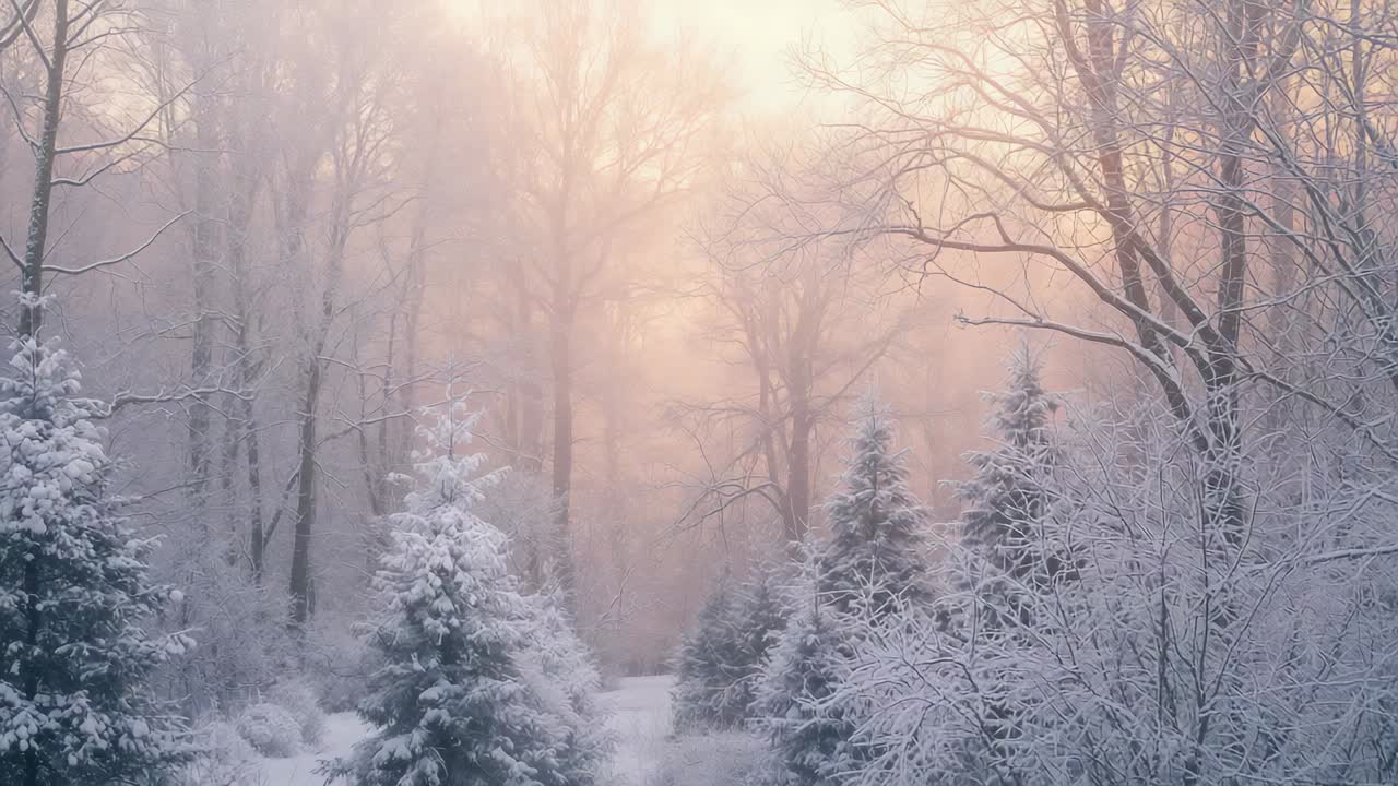 Softening dawn sunlight lifting mist and revealing snow-covered firs and narrow path in grove