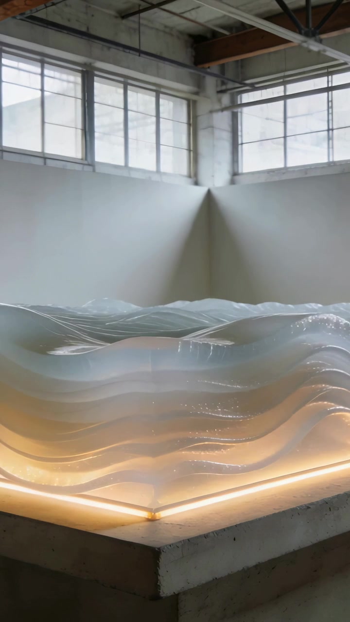 Video verticale: Movimento della telecamera che mostra una scultura a onda in un loft con LED caldi che ne rivelano i contorni