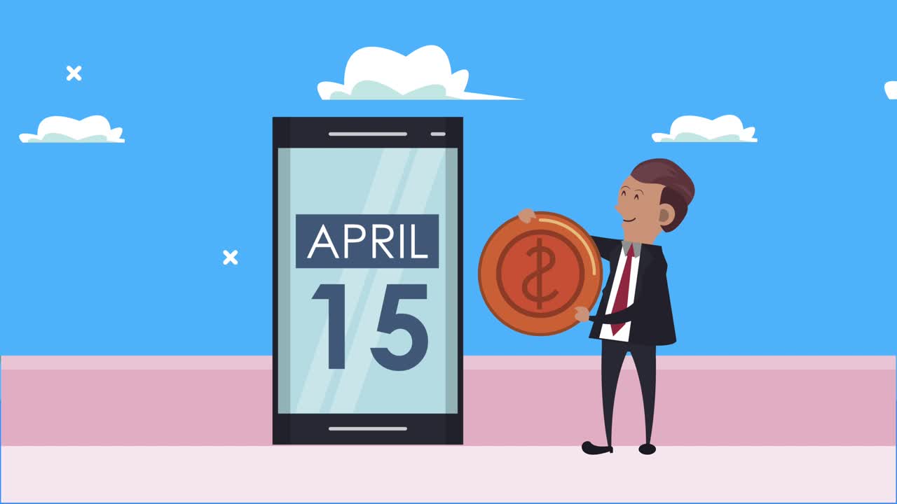 tax day animation with businessman and money in smartphone