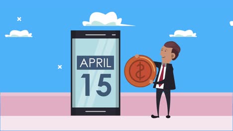 animación del día de impuestos con empresario y dinero en teléfono inteligente