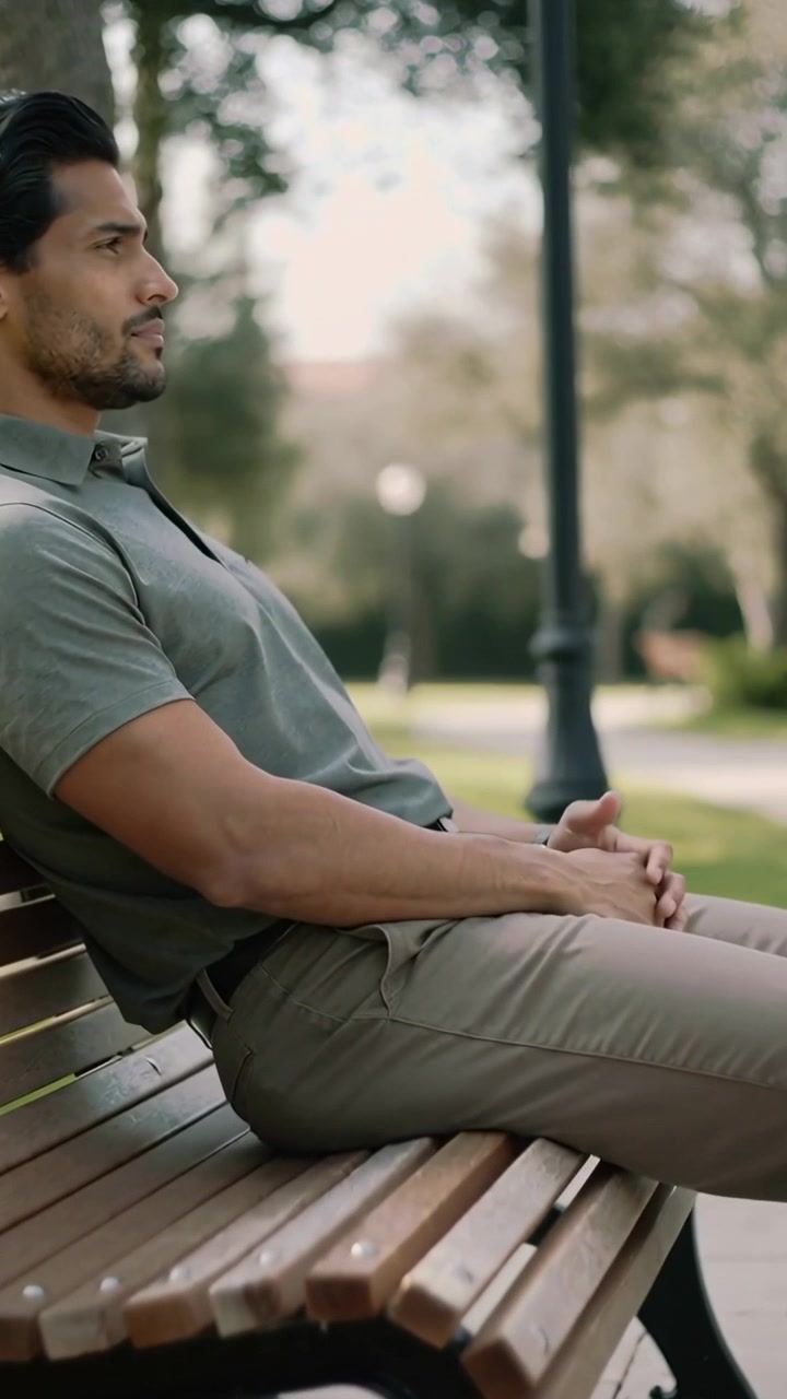 Video vertical: Hombre acomodándose, moviendo las manos, recostándose en un banco del parque, descansando, con polo y reloj