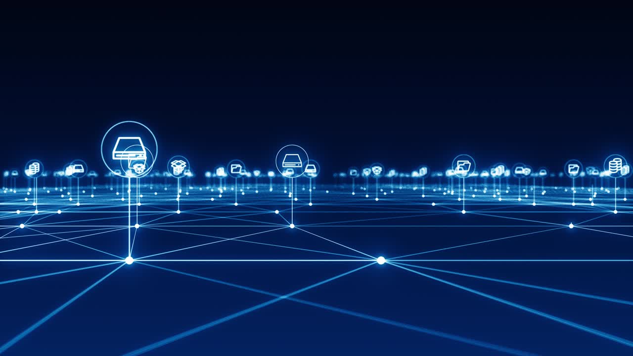 파란색의 모션 그래픽 디지털 스토지 아이콘과 라인 링크 네트워크 연결 미래 기술 추상적인 배경 개념 카메라  원활한 루프 비디오