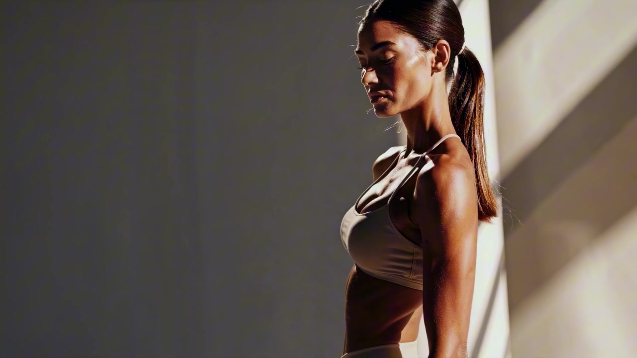 Confident Athletic Woman Posing in Studio with Natural Light
