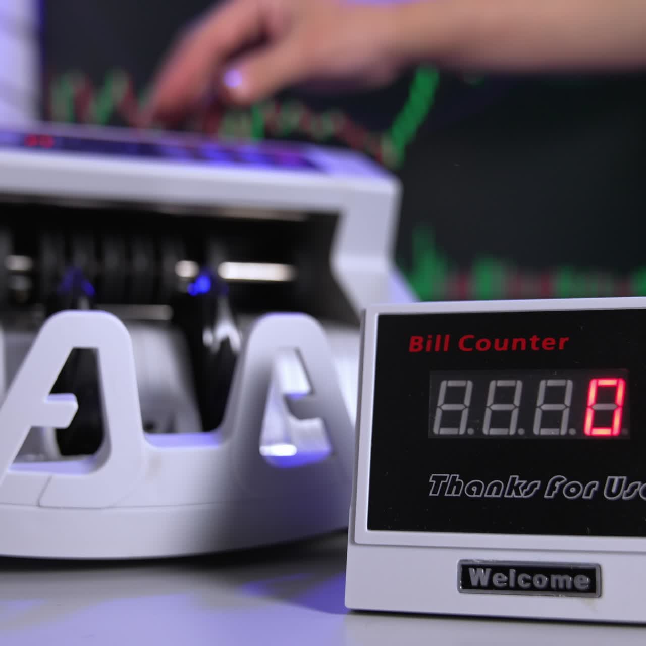 Bank cash counter machine. Horizontal view of the finance business money counting. Money and business concept