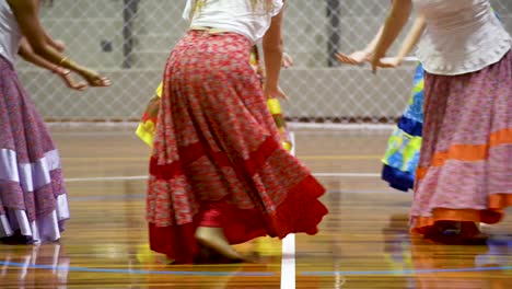 beautiful detail of a choreography presented by women with colorful long round skirts