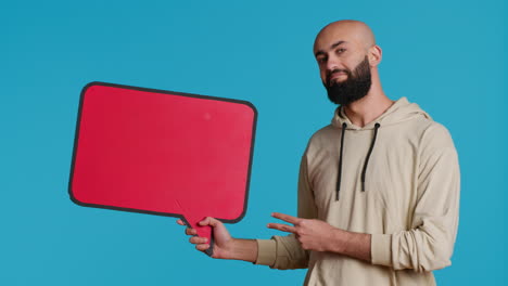 arab person doing marketing ad with speech bubble