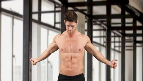 animación de un hombre caucásico musculoso calentándose en un gimnasio moderno