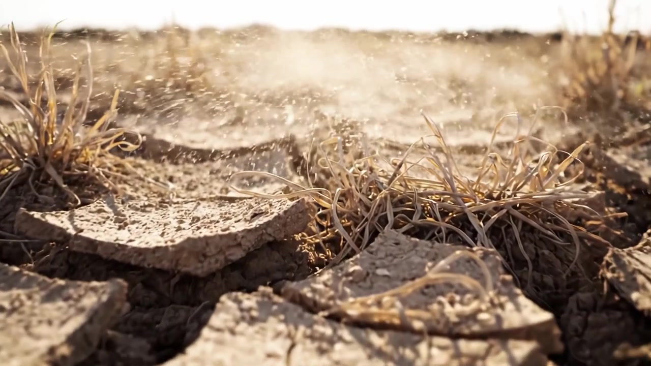 The Destructive Impact of Drought: A Close-up View of Cracked, Dry Soil and Struggling Vegetation in Arid Conditions Revealing Environmental Challenges