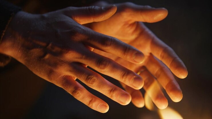 Warming man's hands in dark sleeves over open flame, prompted by cool evening, ring visible
