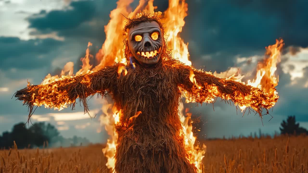 un espantapájaros en un campo de heno con llamas saliendo de él
