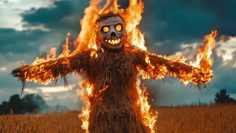 a scarecrow in a field of hay with flames coming out of it