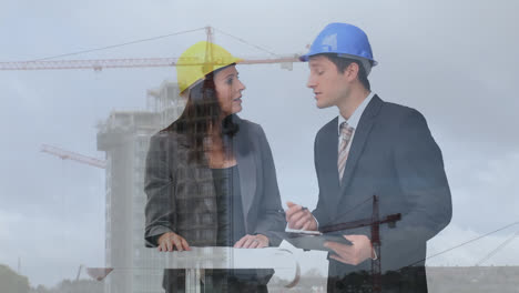 animation of a construction site over a group of caucasian engineers