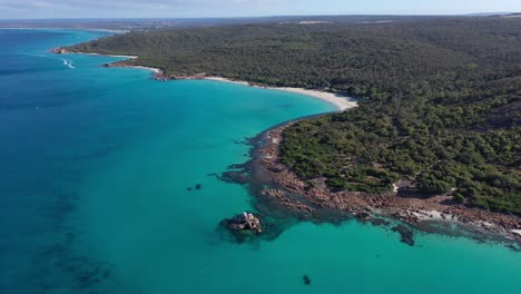 Drone-Aerial-View-of-Meelup-Beach-and-Beautiful-Coastline-of-Cape-Naturaliste,-Australia-on-Sunny-Day