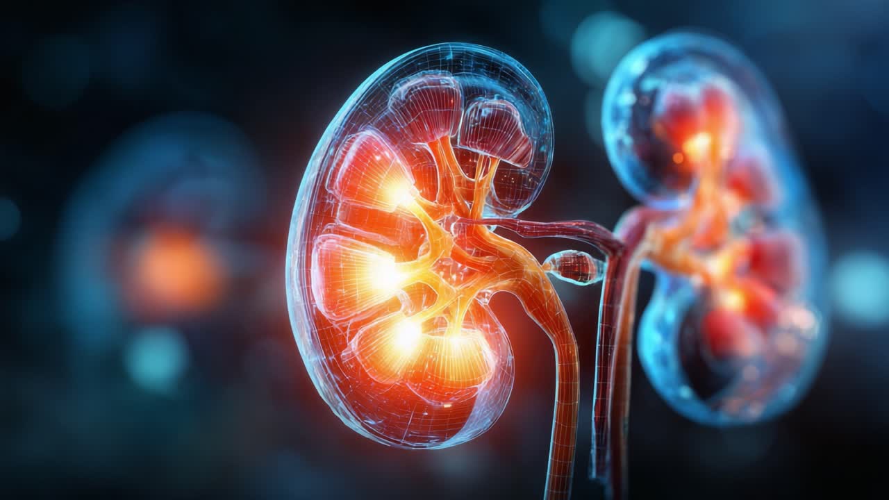 A Detailed Visualization of Human Kidneys Highlighting Vascular Structures and Nephrons in an Intricate Digital Rendering with Glowing Elements