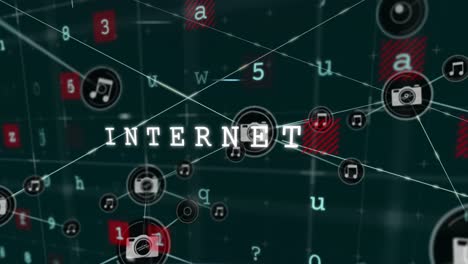 animation of network of digital icons and cyber security data processing against green background