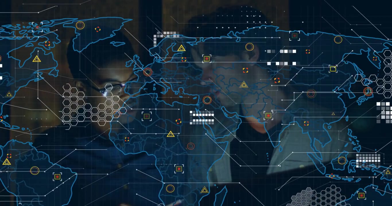 Technology data analysts placing laptop launching map overlay growing warning icons tracking alerts