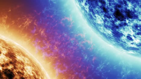 blue star vs red star. red sun surface with solar flares against blue sun isolated on black. highly realistic sun surface with space for your text or logo 4k.