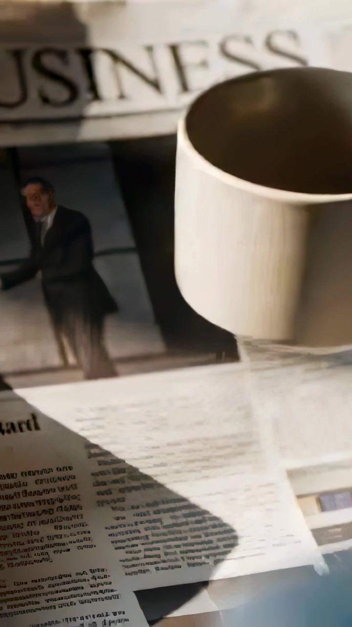 Vertical video: Hand sliding ceramic mug across BUSINESS page, exposing suited portrait, copy space