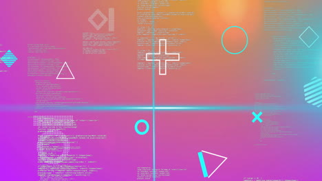 animación de formas y haces de escáner azules sobre procesamiento de datos en fondo rosa suave y naranja