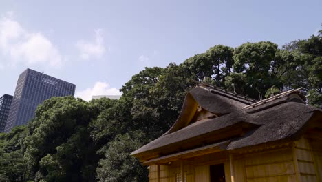 Traditional-straw-roof-Japanese-house-juxtaposed-with-Skyscraper-in-Tokyo,-Japan