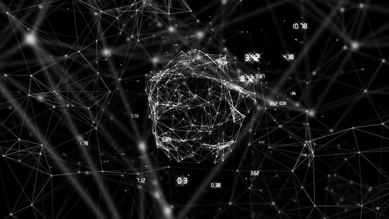 Network of connections and numerical data processing animation over dark background