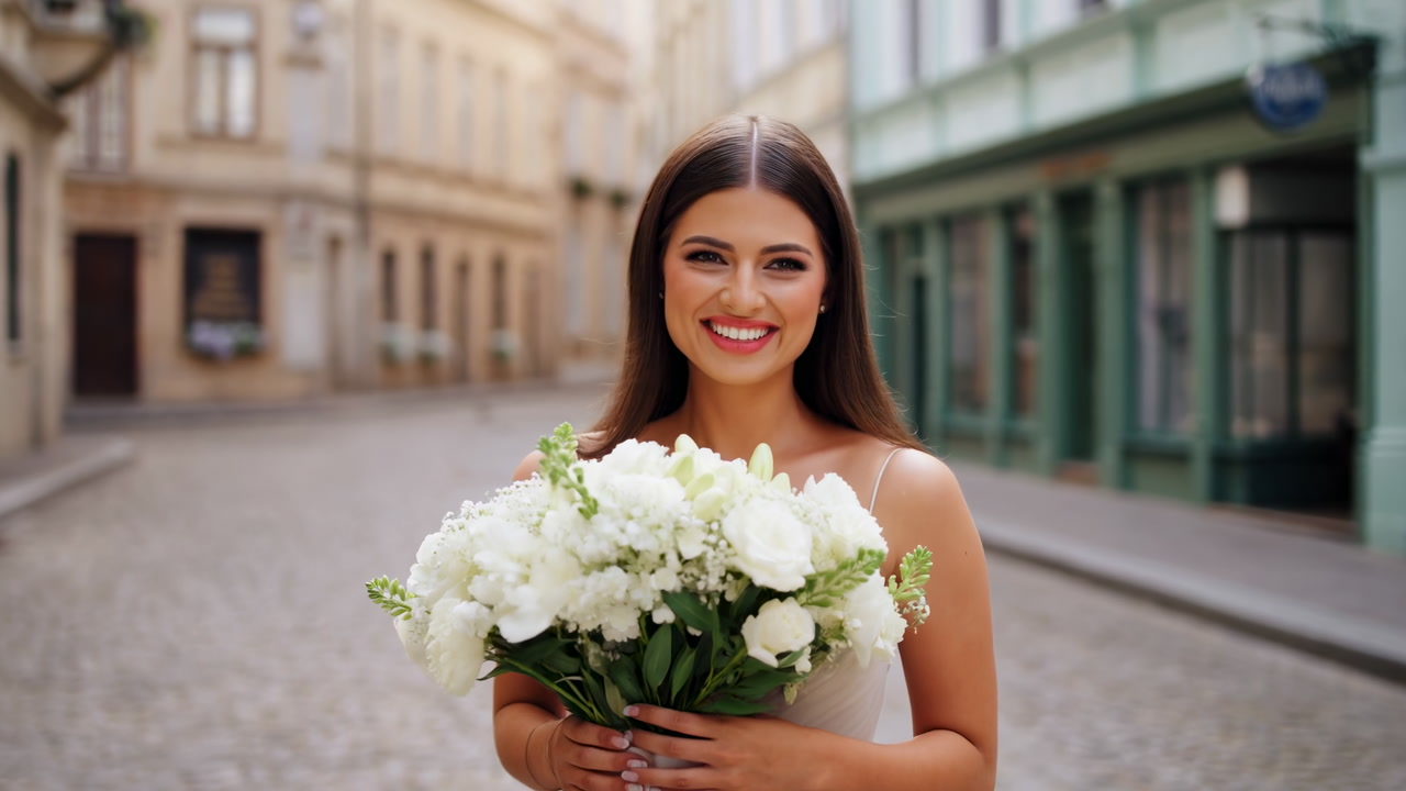 Caucasian Bride Holding White Flower Bouquet On Cobblestone Street, Smiling At Camera, Wearing Elegant Dress,