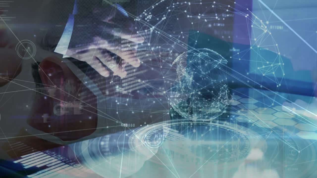 Animation of network of connections and globe over hands of caucasian businessman using touchscreen