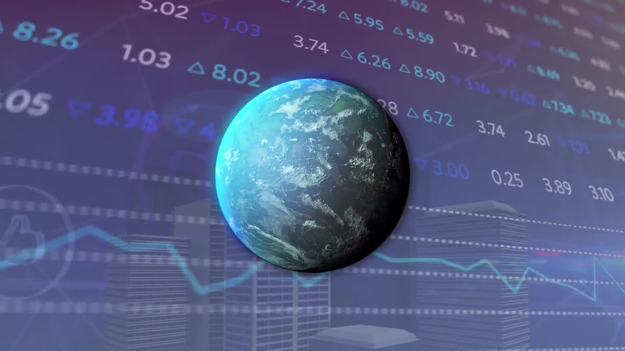 animación de un globo giratorio sobre el procesamiento de datos del mercado de valores contra edificios altos