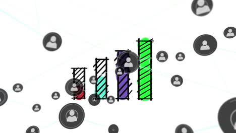 animación de la red de iconos de perfil sobre el procesamiento de datos estadísticos contra un fondo blanco.
