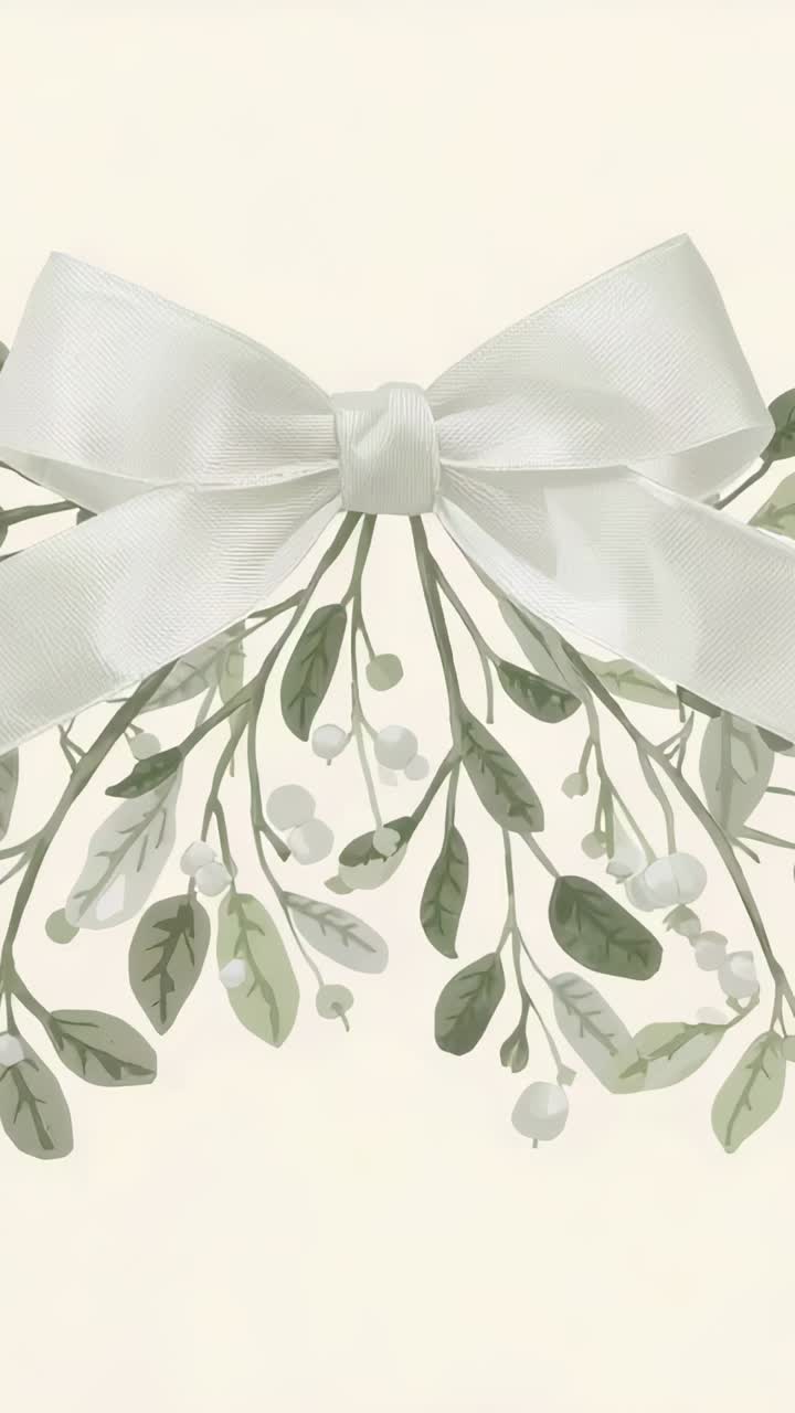 Vertical video: Displaying white satin bow on cream backdrop, green stems and white berries swaying