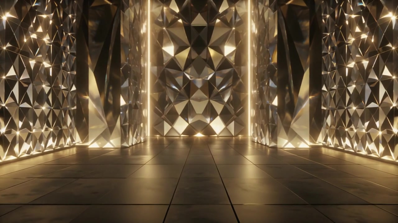 Corridoio geometrico astratto con illuminazione dorata luminosa.
