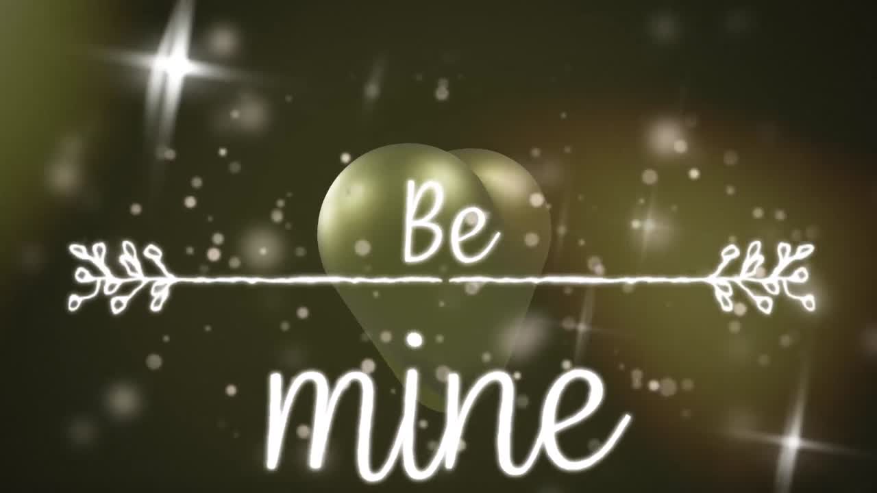 검은색 배경에 금색 심장과 밝은 반점 위에 be mine 텍스트의 애니메이션